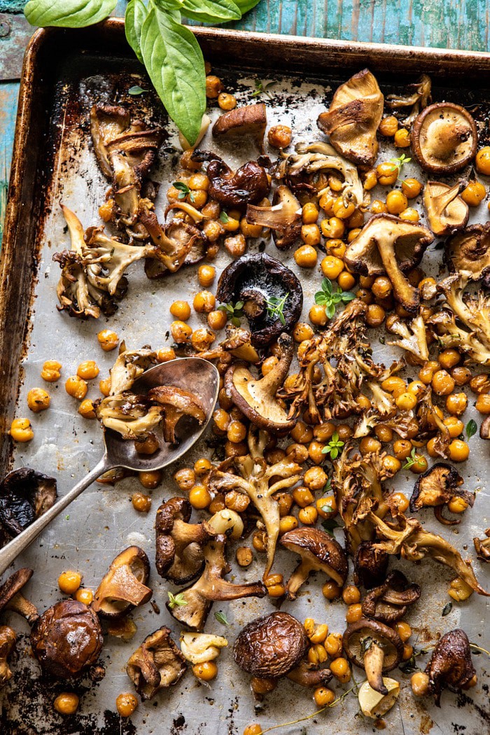 overhead photo of Thyme Roasted Mushrooms and Chickpeas on baking sheet