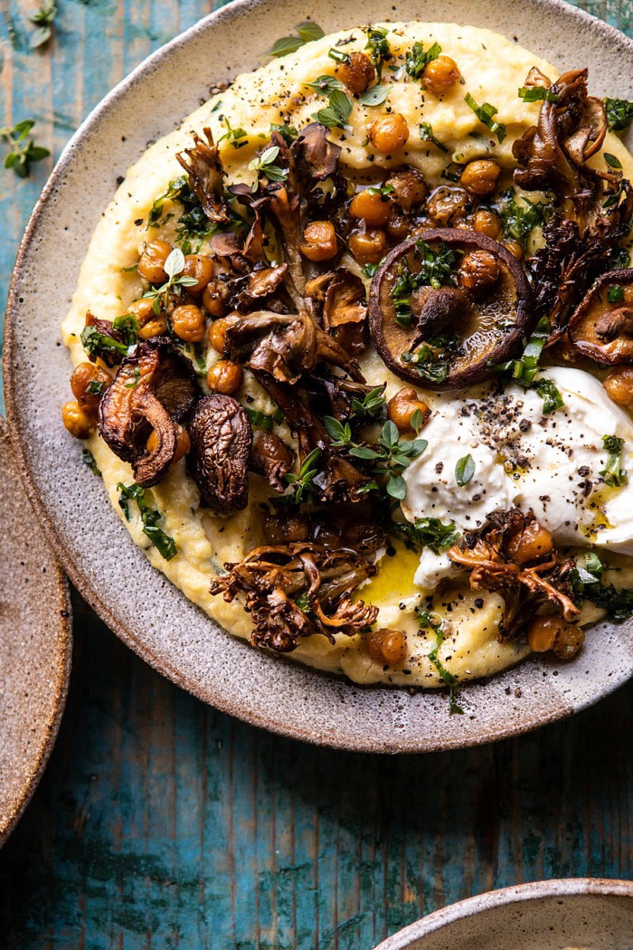 overhead close up photo of Pesto Polenta with Thyme Roasted Mushrooms and Chickpeas