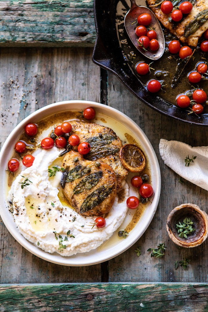 overhead photo of Sage Lemon Butter Chicken Piccata with Mashed Cauliflower 