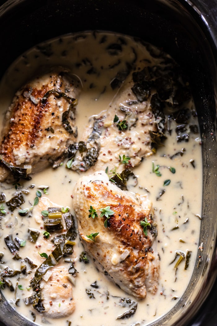 overhead photo of Slow Cooker French Wine and Mustard Chicken in the slow cooker pot