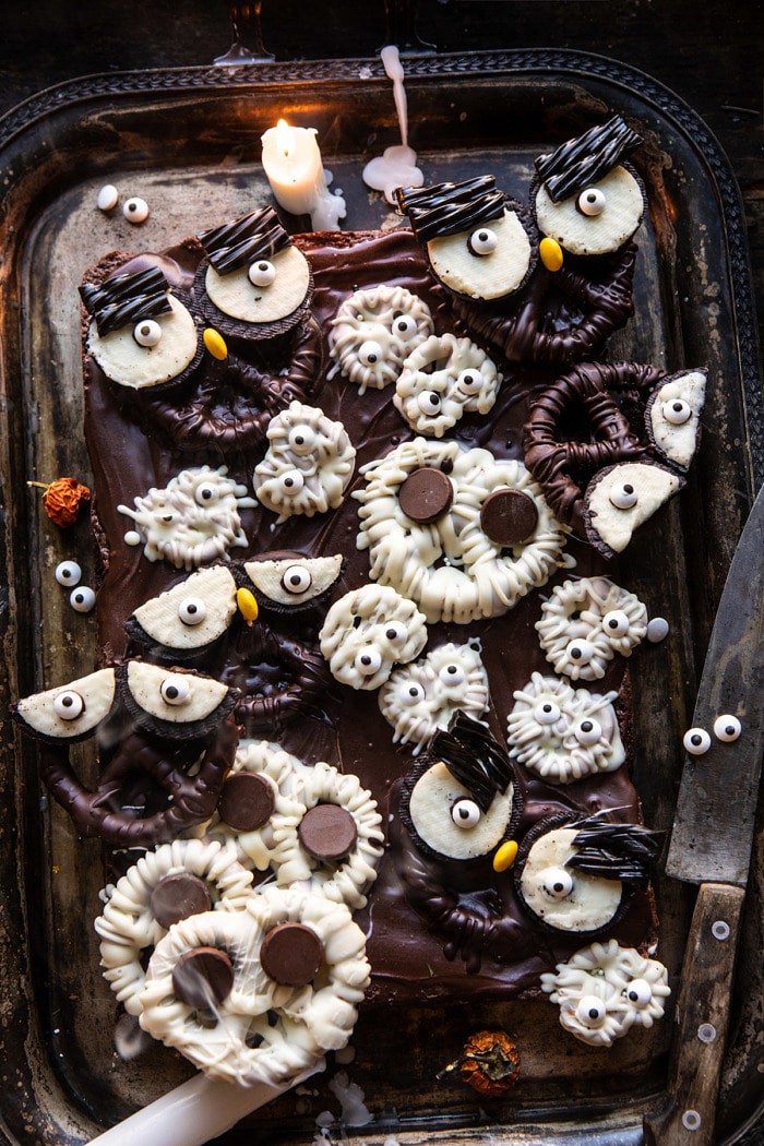 overhead photo of BOO! Spooky Monster Chocolate Covered Pretzel Brownies