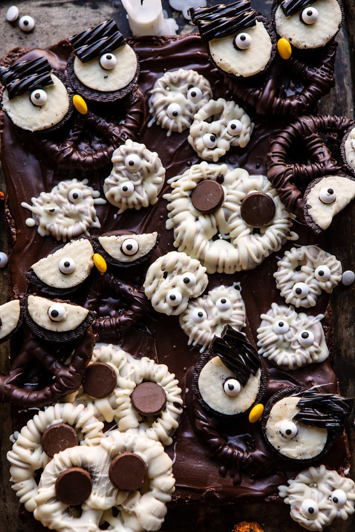 overhead close up photo of BOO! Spooky Monster Chocolate Covered Pretzel Brownies 