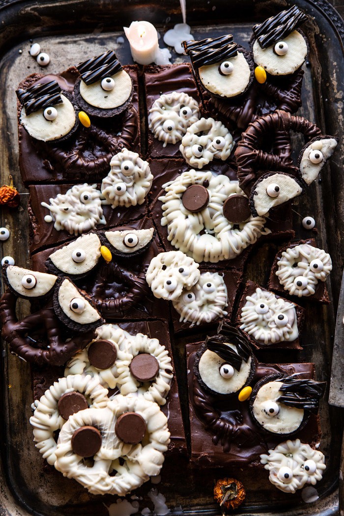 overhead photo of BOO! Spooky Monster Chocolate Covered Pretzel Brownies after being cut into bars