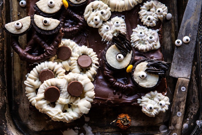 horizontal photo of BOO! Spooky Monster Chocolate Covered Pretzel Brownies