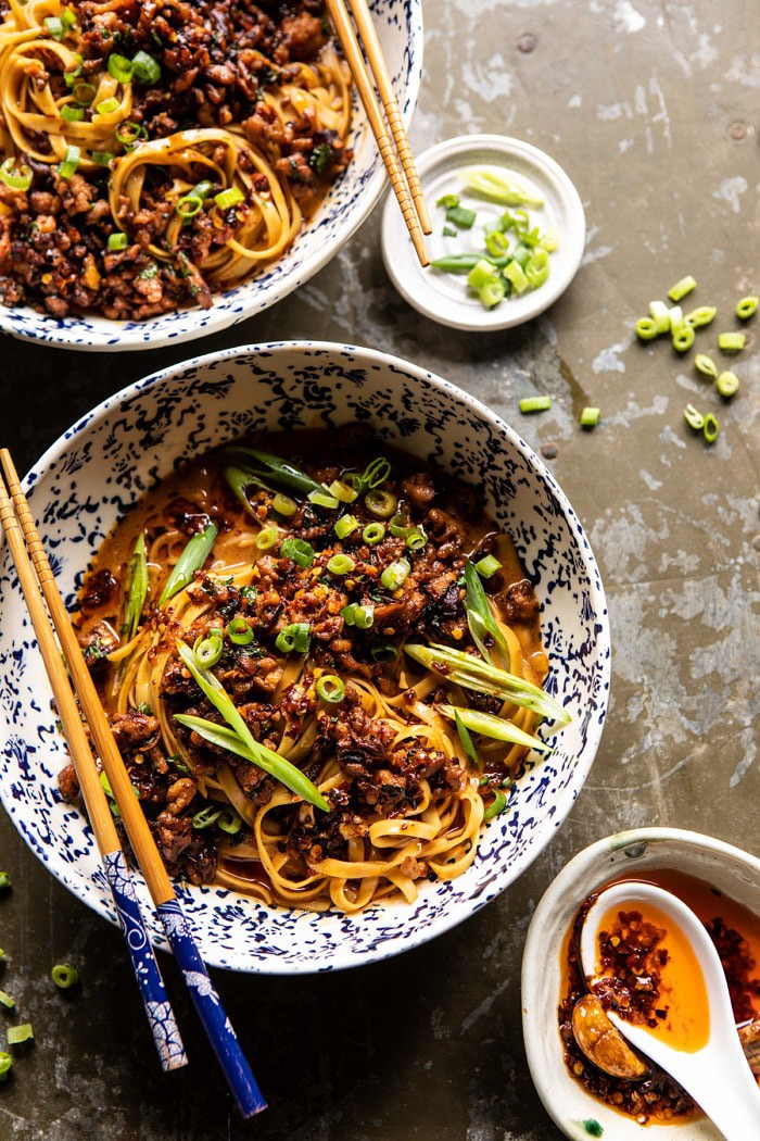 overhead photo of Better Than Takeout Dan Dan Noodles | halfbakedharvest.com #asian #takeout #easyrecipes #dinner
