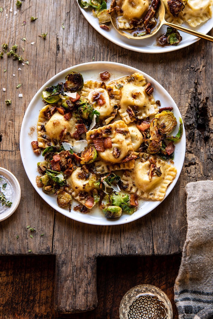 overhead photo of Brown Butter Brussels Sprout and Bacon Ravioli 