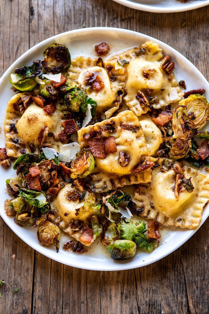 overhead close up photo of Brown Butter Brussels Sprout and Bacon Ravioli 