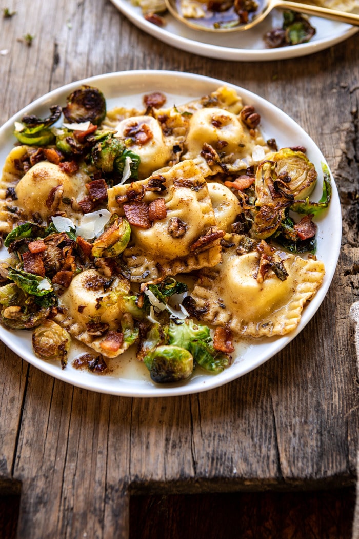 side angled photo of Brown Butter Brussels Sprout and Bacon Ravioli 
