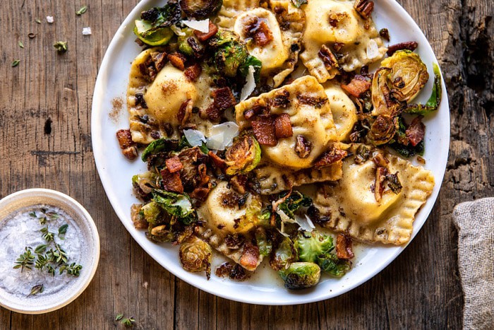 horizontal overhead photo of Brown Butter Brussels Sprout and Bacon Ravioli 