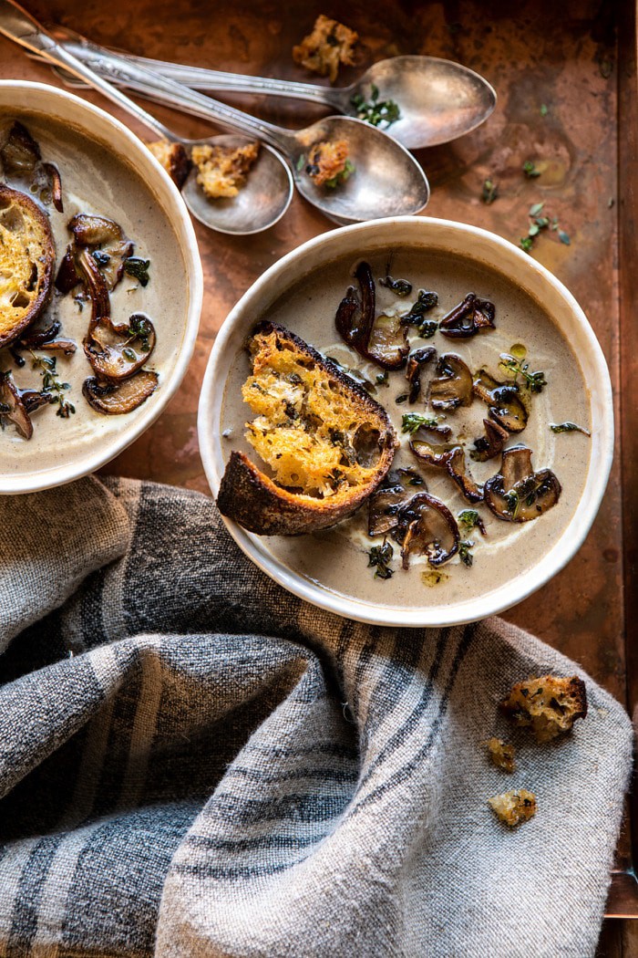 overhead photo of Cream of Mushroom Soup with Garlic Herb Breadcrumbs 
