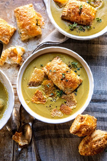 Creamy Broccoli and Butternut Squash Soup with Cheddar Brie Pastries.