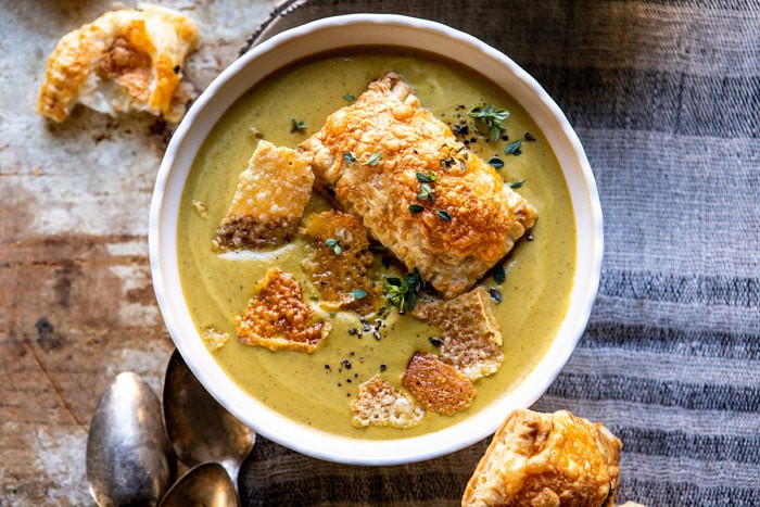 horizontal photo of Creamy Broccoli and Butternut Squash Soup with Cheddar Brie Pastries 