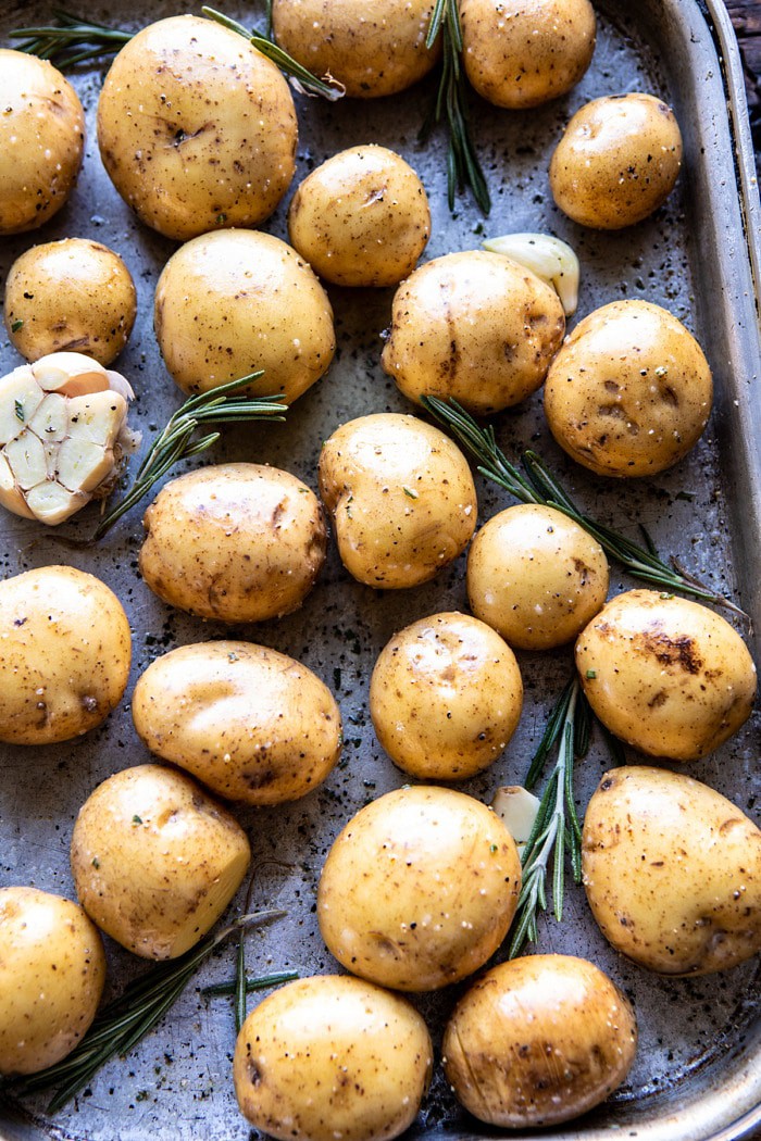 potatoes on roasting pan 