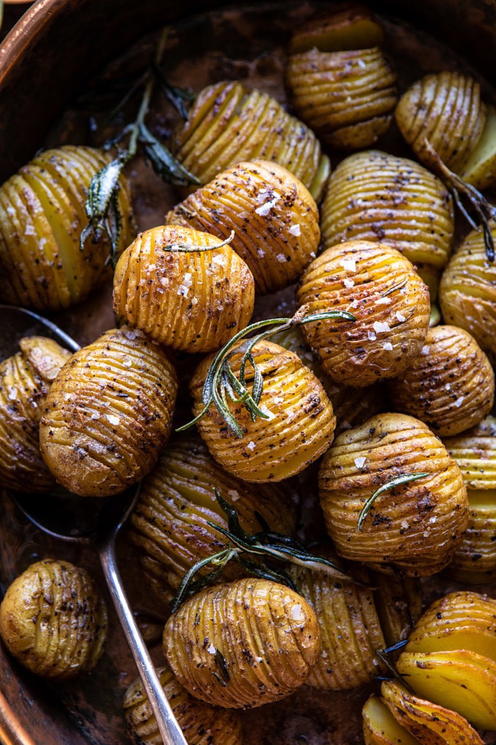 overhead close up photo of Crispy Rosemary Butter Roasted Potatoes 