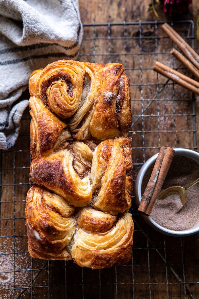 overhead close up photo of Easy Swirled Cinnamon Sugar Croissant Loaf before cutting 