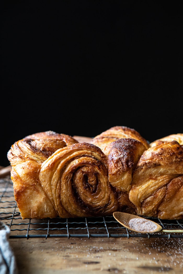 side angled close up photo of Easy Swirled Cinnamon Sugar Croissant Loaf