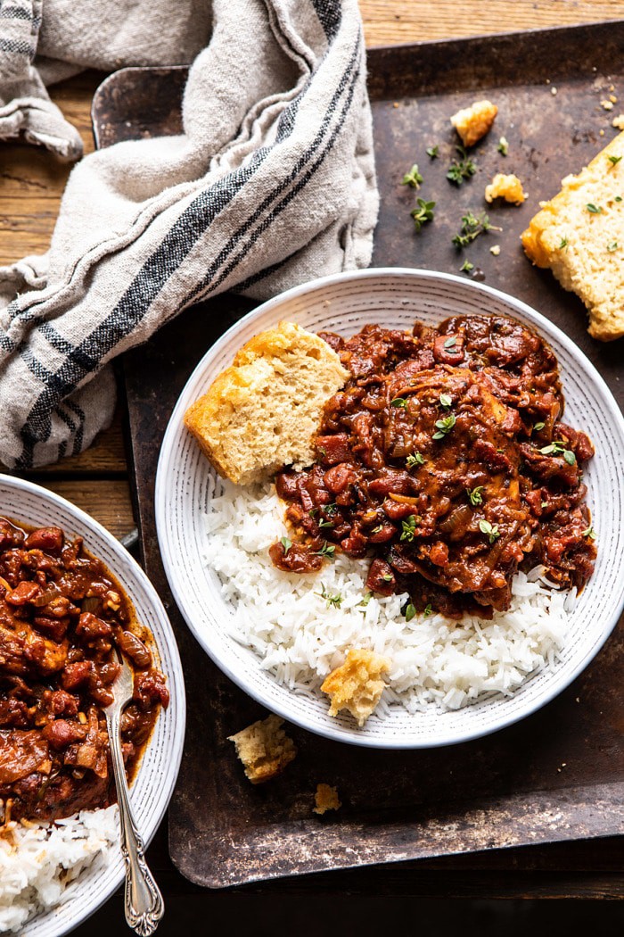 overhead photo of Healthier 30 Minute Beer Braised Chicken with rice, beer bread and towel