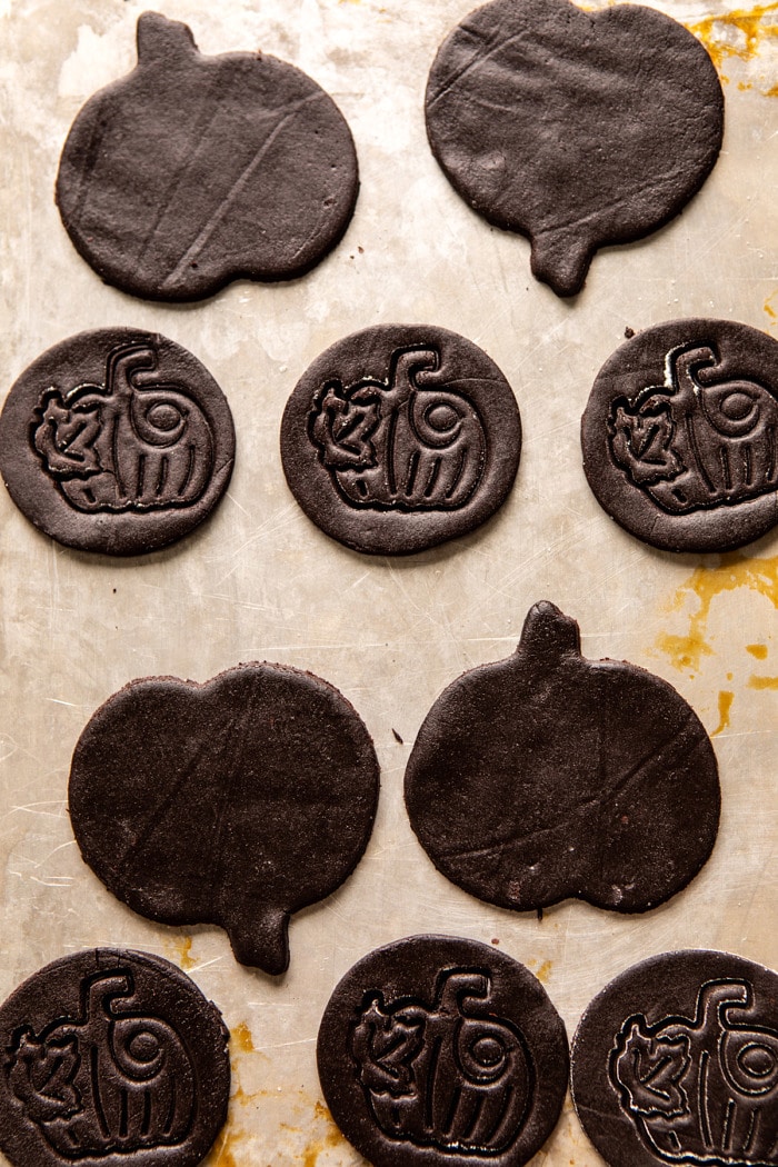 Chocolate Jack-O’-Lantern Cookies on baking sheet before baking