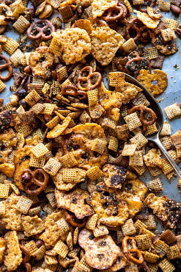 overhead photo of Spicy Ranch Chex Mix on baking sheet