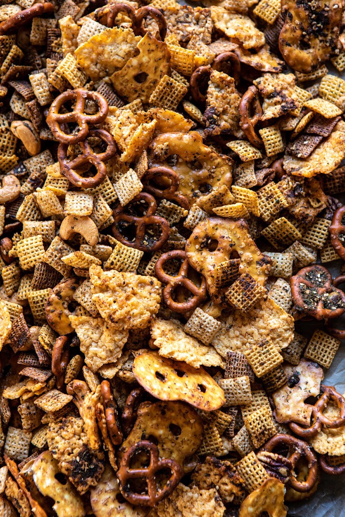 overhead close up photo of Spicy Ranch Chex Mix 