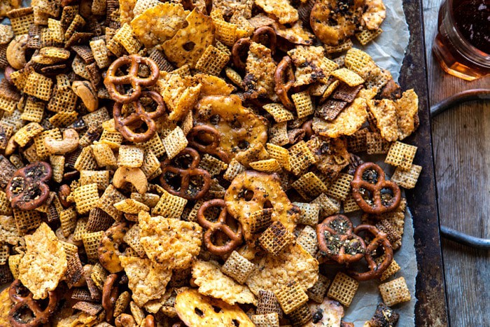 horizontal overhead photo of Spicy Ranch Chex Mix 