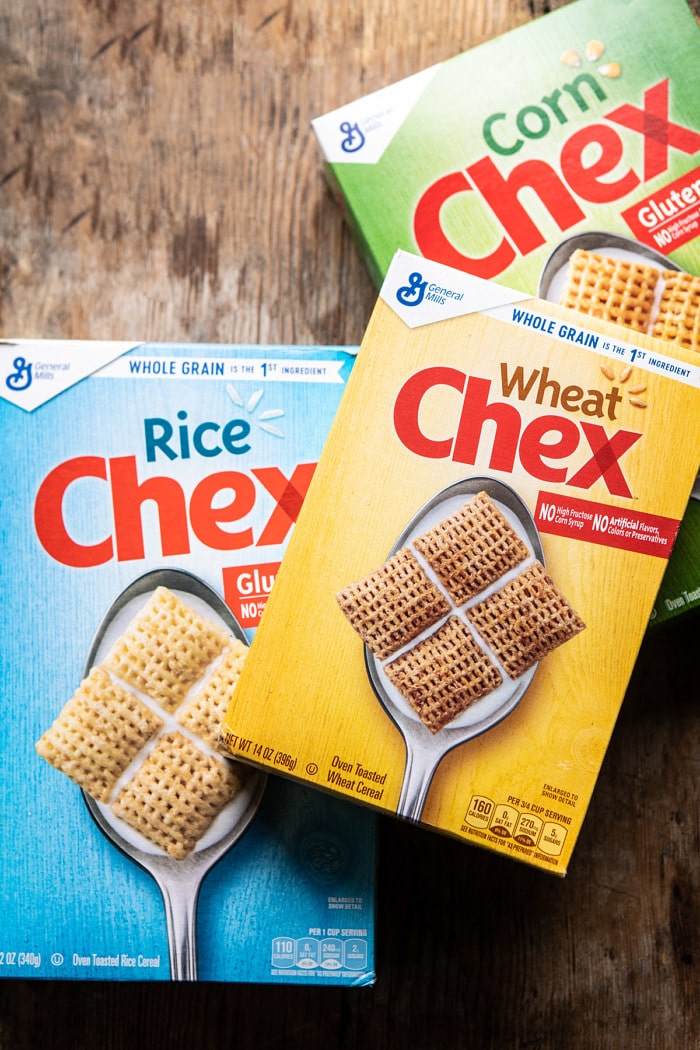 Spicy Ranch Chex Mix | halfbakedharvest.com #appetizers #snacks #easyrecipes #gameday #christmas #thanksgiving overhead photo of chex cereal boxes