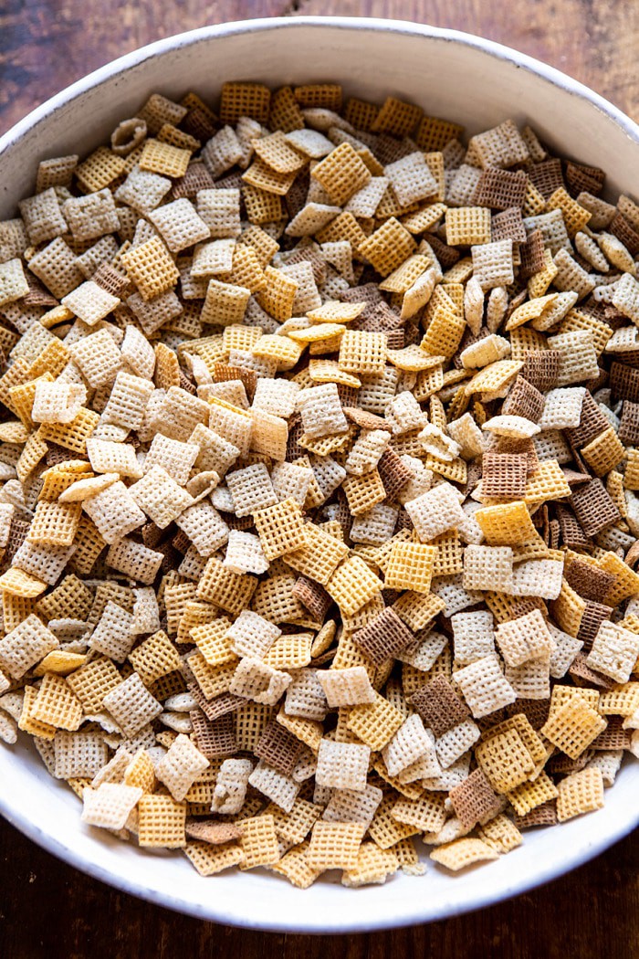 overhead photo of Chex cereal in bowl 