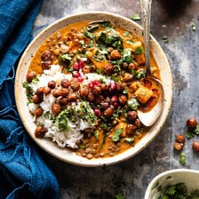 Sweet Potato Lentil Curry with Crispy Sesame Chickpeas | halfbkaedharvest.com #healthy #vegan #easyrecipes #fallrecipes