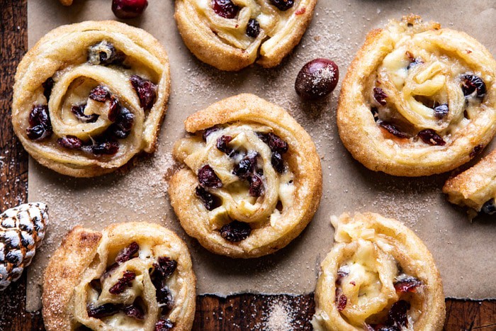 horizontal photo of 5 Ingredient Cranberry Brie Cinnamon Puff Pastry Swirls