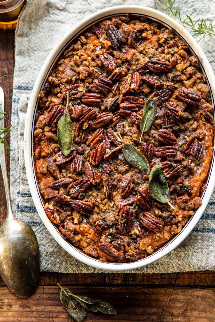 overhead photo of Bourbon Sweet Potato Casserole with Sweet n Savory Bacon Pecans