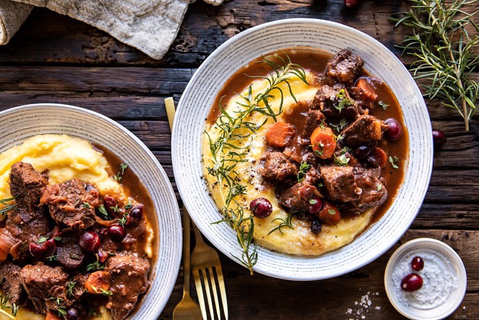 horizontal photo of Cranberry Cider Braised Beef Stew with Rosemary Polenta 