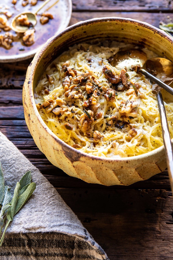 side angled photo of Creamed Spaghetti Squash with Browned Butter Walnuts 