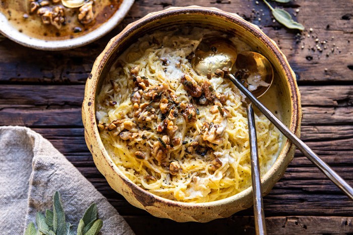 overhead horizontal photo of Creamed Spaghetti Squash with Browned Butter Walnuts