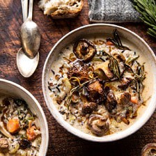 Creamy Wild Rice Chicken Soup with Roasted Mushrooms.