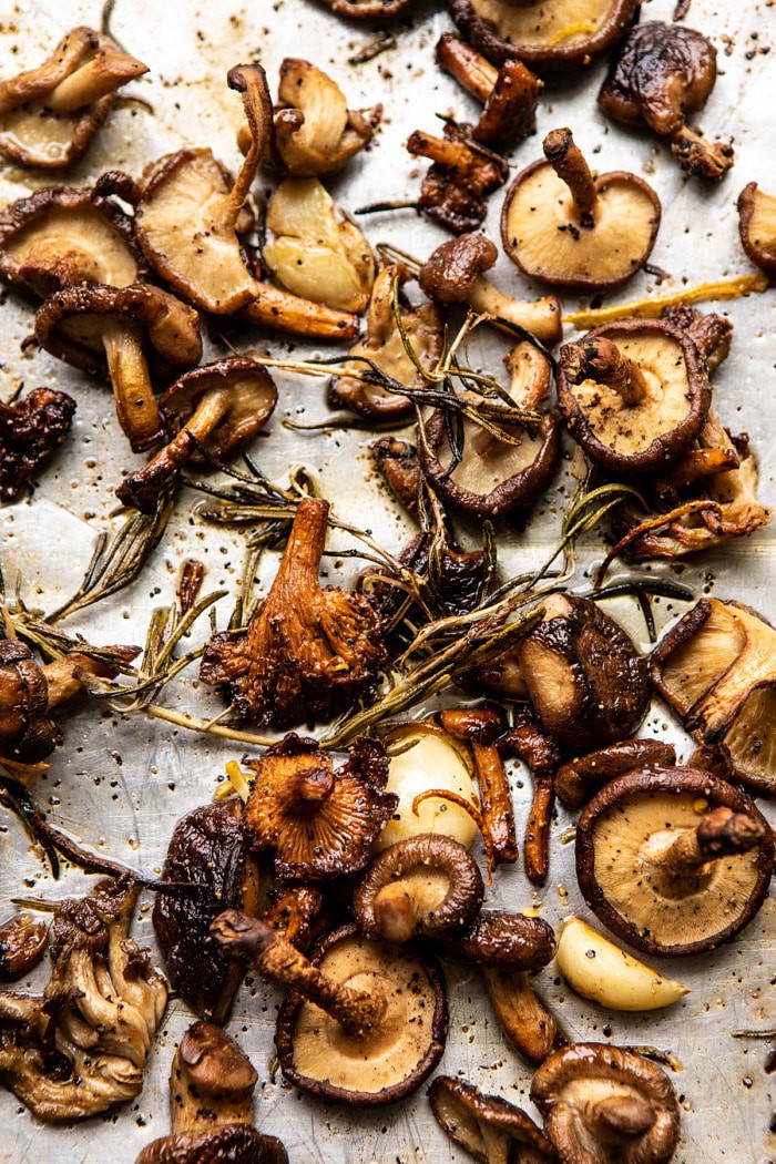 overhead photo of Roasted Mushrooms on baking sheet 