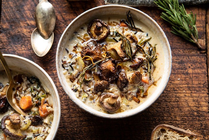 horizontal photo of Creamy Wild Rice Chicken Soup with Roasted Mushrooms