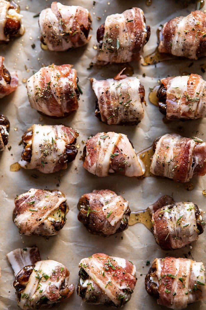 overhead photo of Goat Cheese Stuffed Bacon Wrapped Dates before baking 