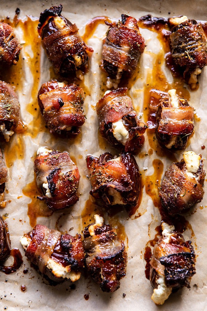 Goat Cheese Stuffed Bacon Wrapped Dates after baking on baking sheet