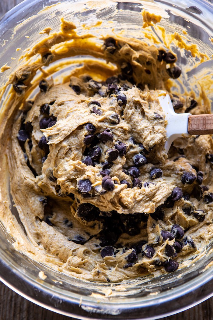 overhead photo of Chocolate Chip Cookie Pumpkin Pie dough in mixing bowl 