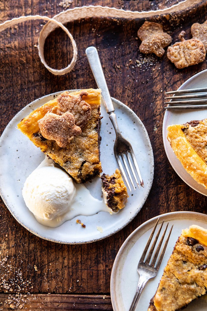 photo of Gooey Chocolate Chip Cookie Pumpkin Pie with ice cream on plate
