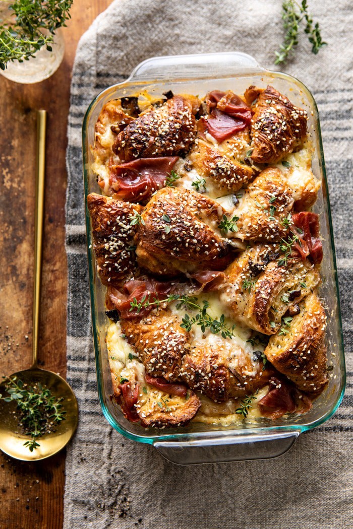 overhead photo of Ham and Cheese Croissant Bake