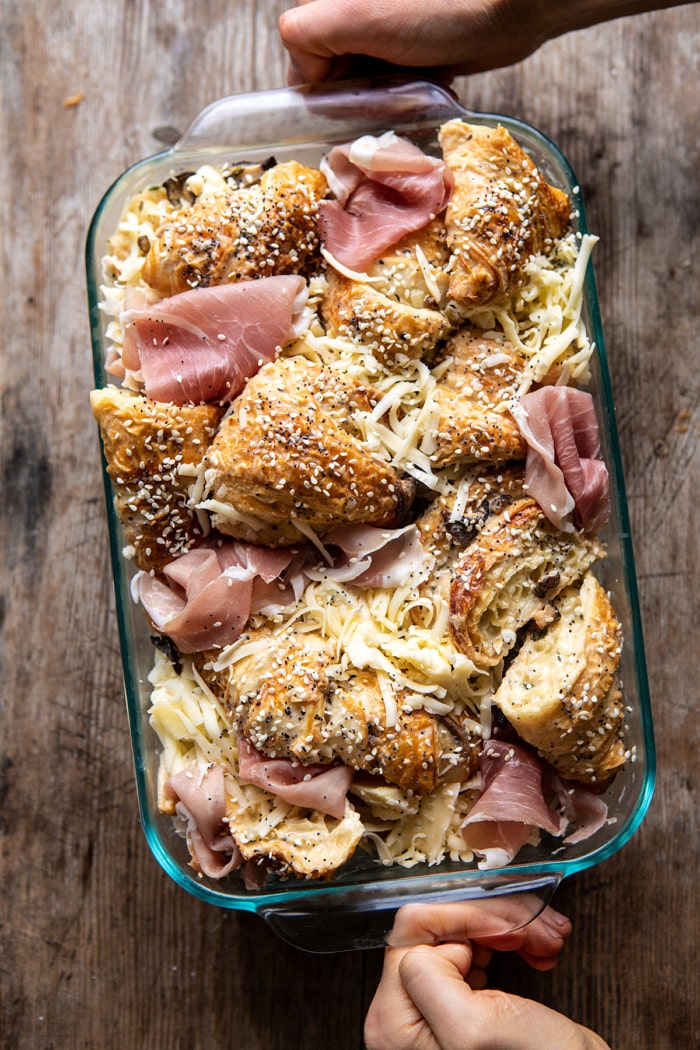 overhead photo of Ham and Cheese Croissant Bake before baking 