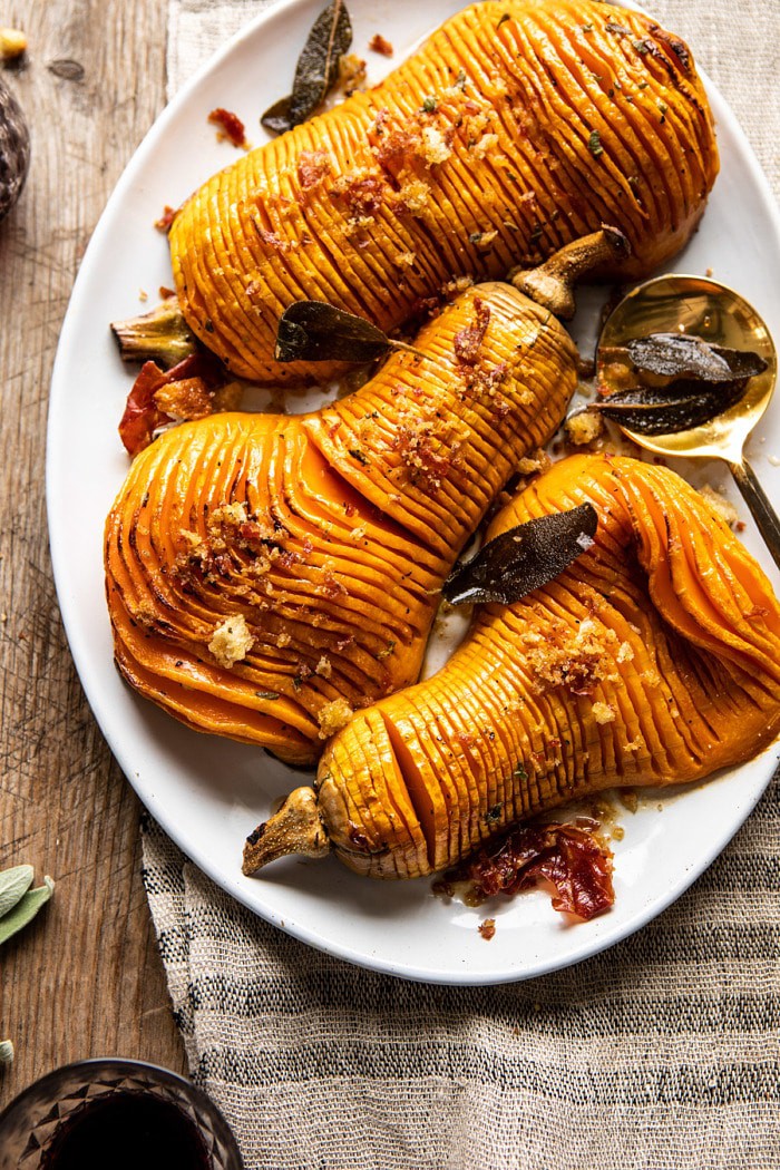 overhead photo of Hasselback Butternut Squash with Sage Butter and Prosciutto Breadcrumbs 