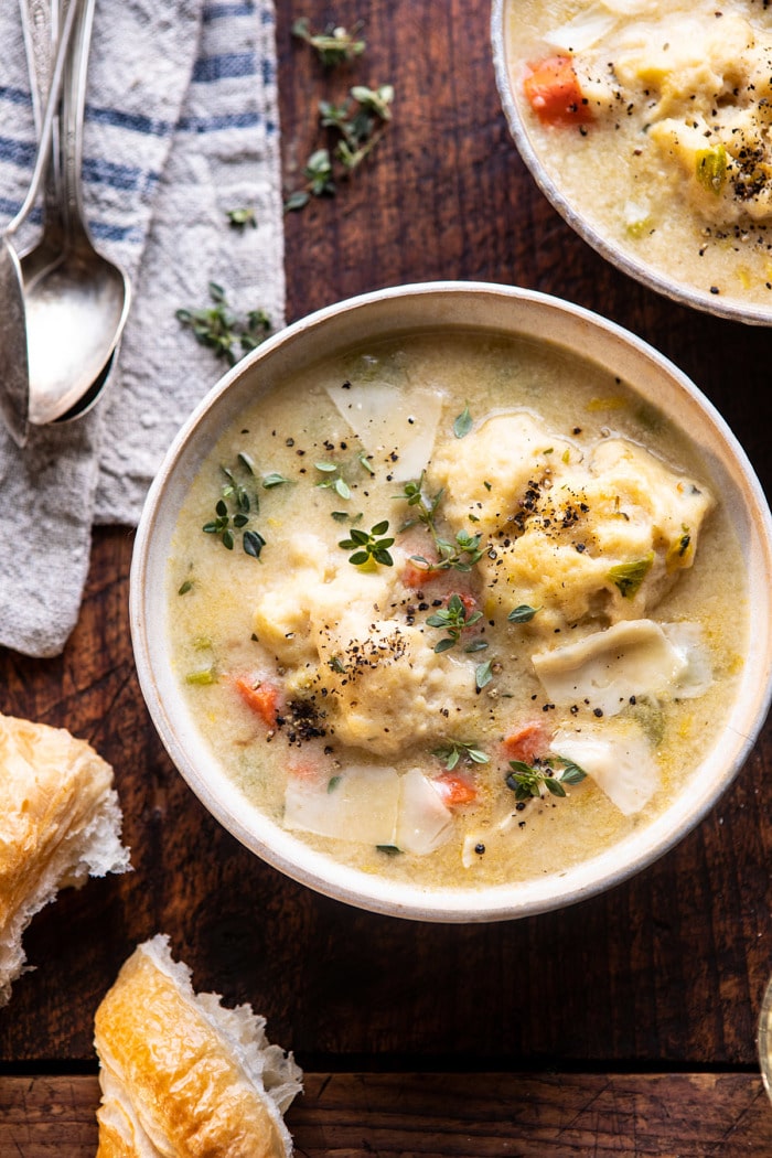 overhead close up photo of One Pot Creamy Turkey and Potato Dumplings in soup bowls 