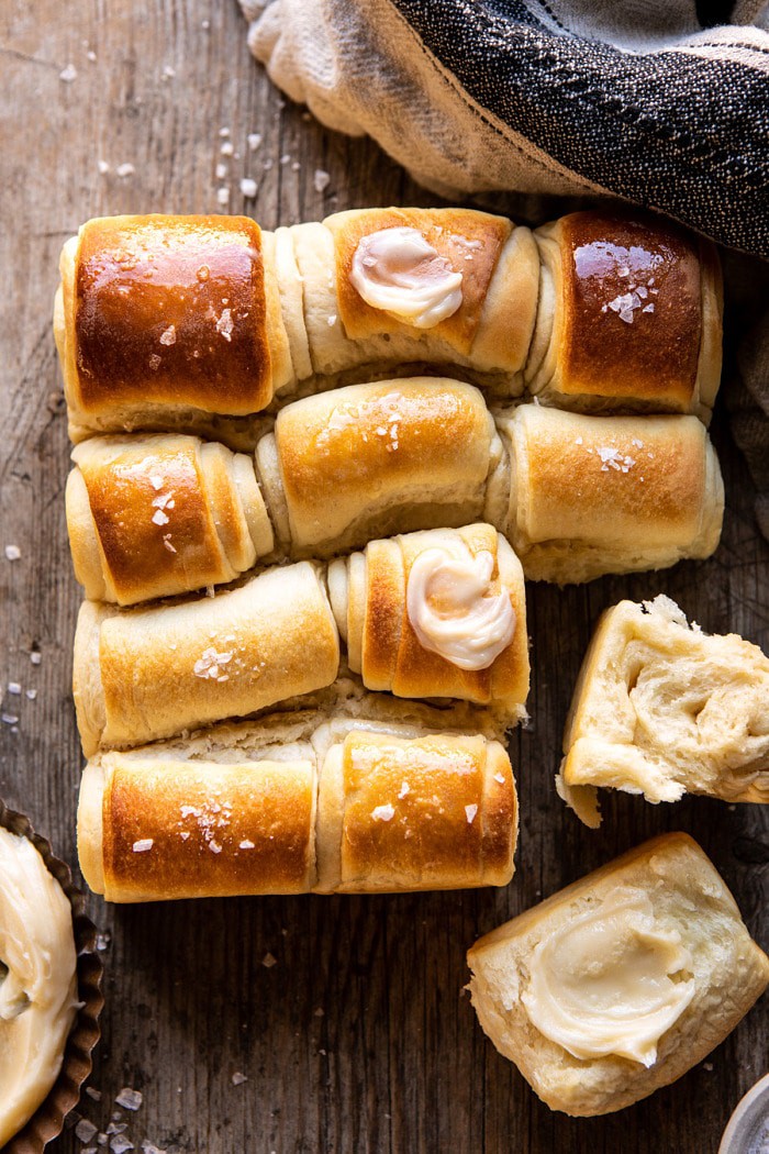overhead photo of Salted Honey Butter Parker House Rolls