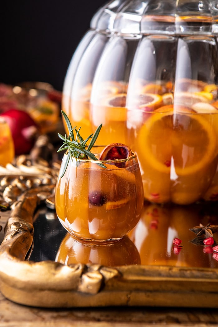 close up photo of Thanksgiving Sangria in pumpkin glass 