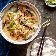 30 Minute Chinese Egg Drop Chicken Rice Soup with Garlicky Chile Oil.