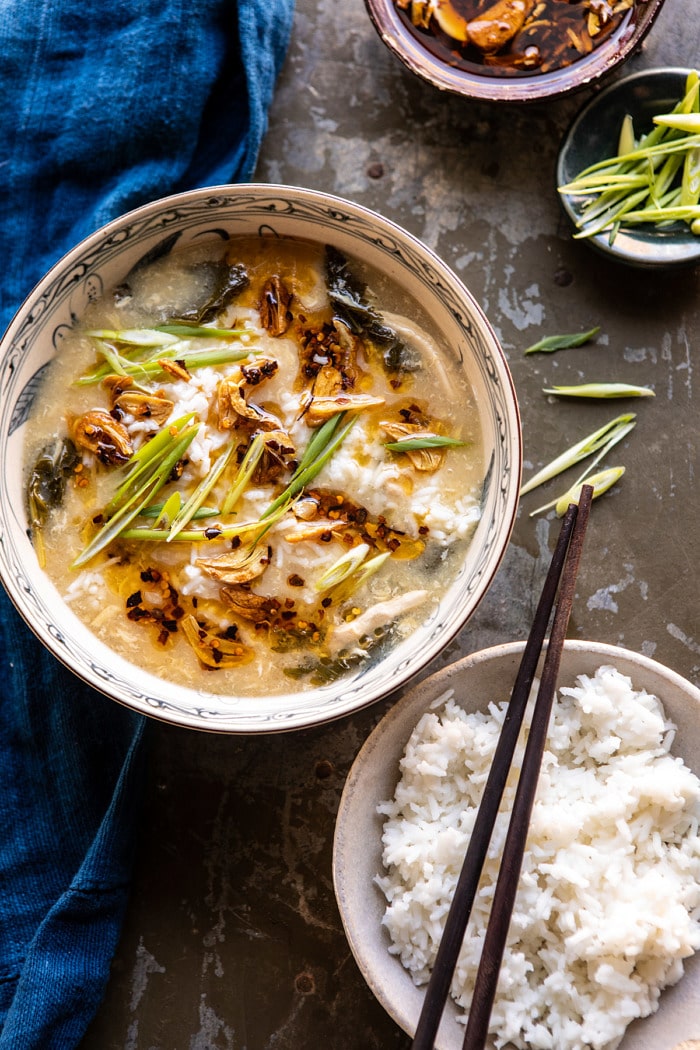 overhead photo of 30 Minute Chinese Egg Drop Chicken Rice Soup with Garlicky Chile Oil 