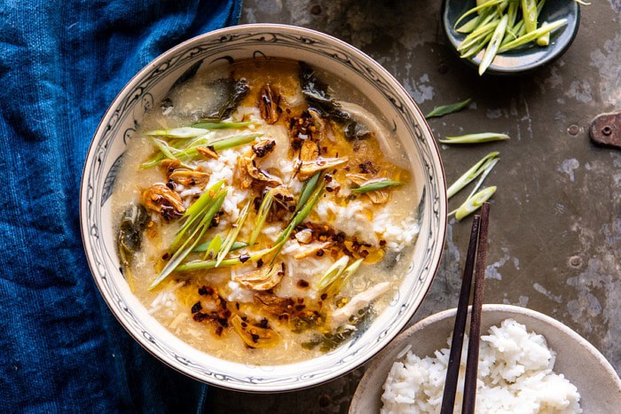 horizontal photo of 30 Minute Chinese Egg Drop Chicken Rice Soup with Garlicky Chile Oil