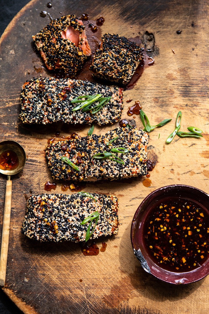sesame-crusted salmon with honey soy dressing